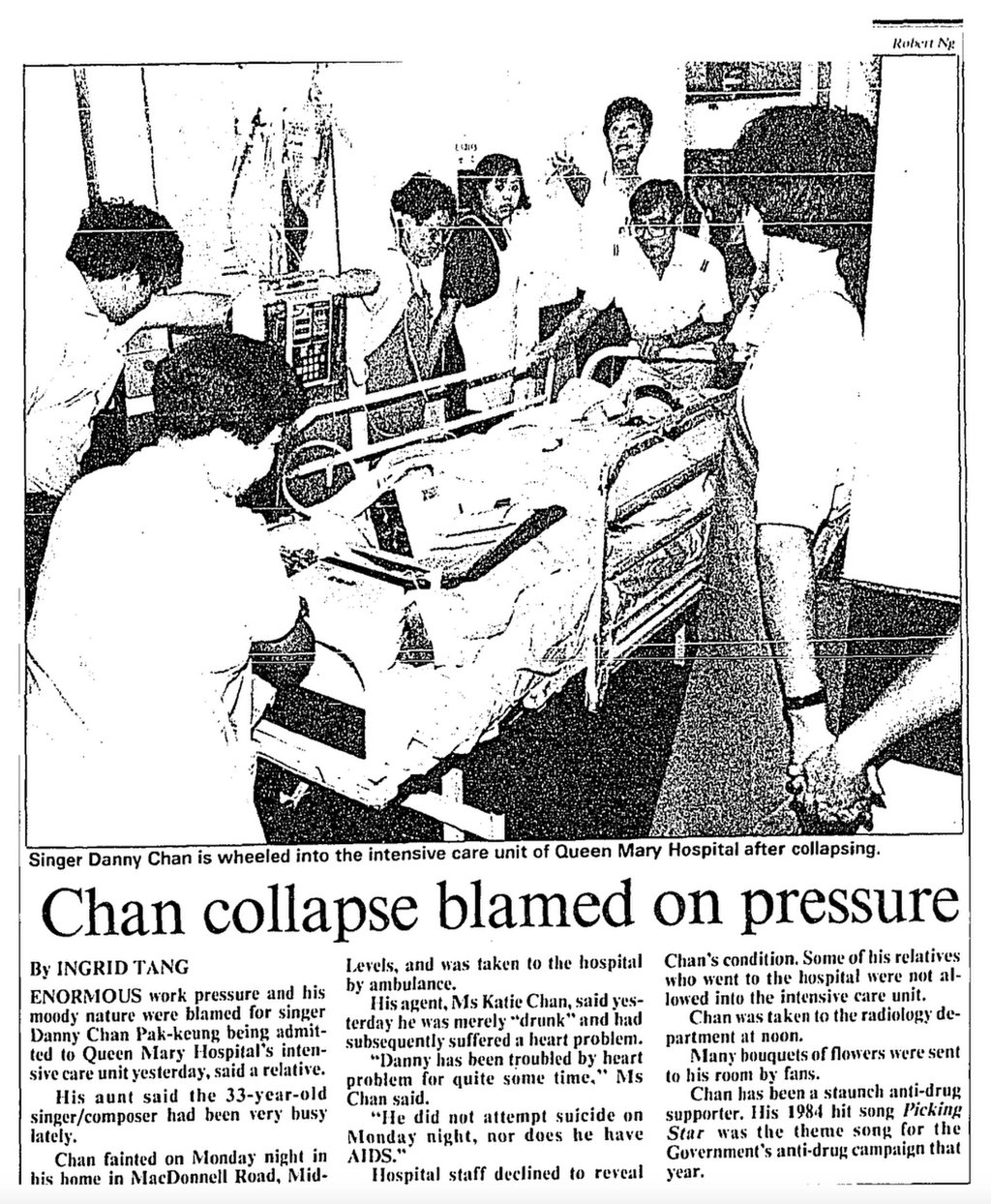 “Enormous work pressure and his moody nature were blamed for singer Danny Chan Pak-keung being admitted to Queen Mary Hospital’s intensive care unit yesterday,” the South China Morning Post reported on May 20, 1992. Photo: SCMP Archives