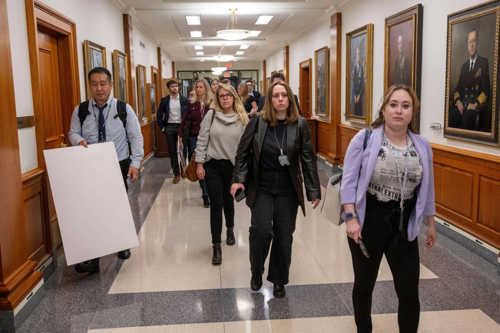 Members of the press leaving the Pentagon. Photo: AP Members of the press leaving the Pentagon. Photo: AP