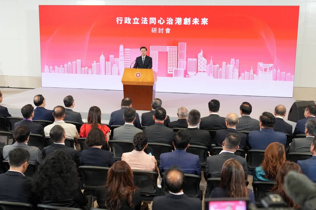 Chief Executive John Lee delivers a speech on Thursday at the seminar on executive-legislature relations. Photo: Karma Lo Chief Executive John Lee delivers a speech on Thursday at the seminar on executive-legislature relations. Photo: Karma Lo