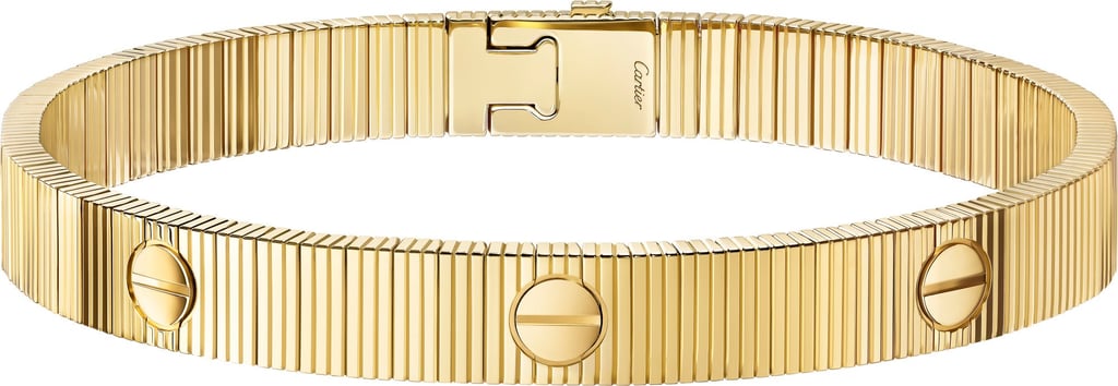 Close-up of the Cartier Love Unlimited bracelet showing the gold components that click together to grant its flexibility. Photo: Handout