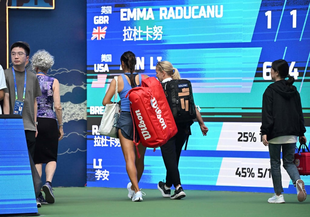 Emma Raducanu leaves the court after retiring from her match against Ann Li at the Wuhan Open. Photo: AFP Emma Raducanu leaves the court after retiring from her match against Ann Li at the Wuhan Open. Photo: AFP