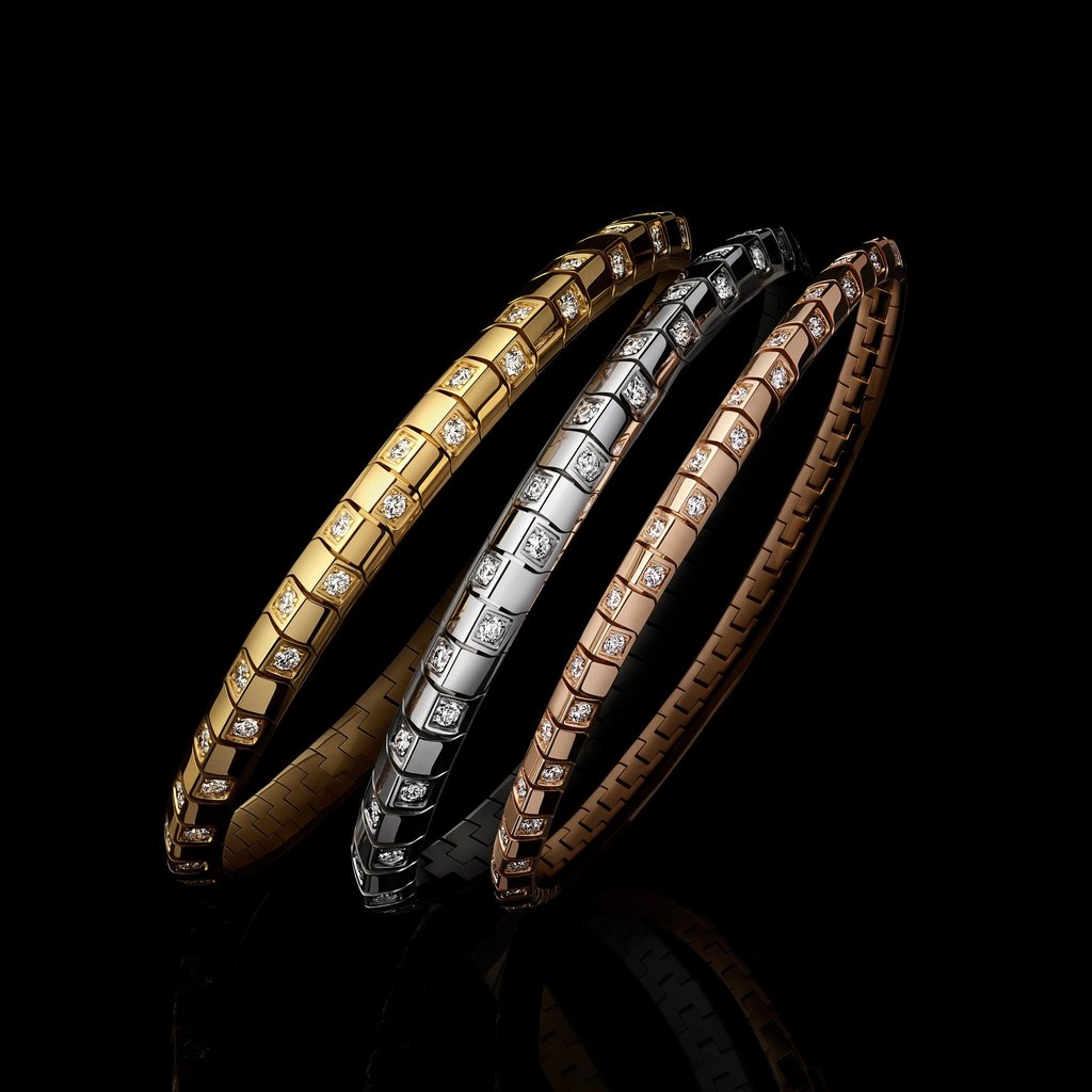 Le Damier de Louis Vuitton diamond bracelets in yellow gold, white gold and – this year’s new variation – pink gold. Photo: Handout