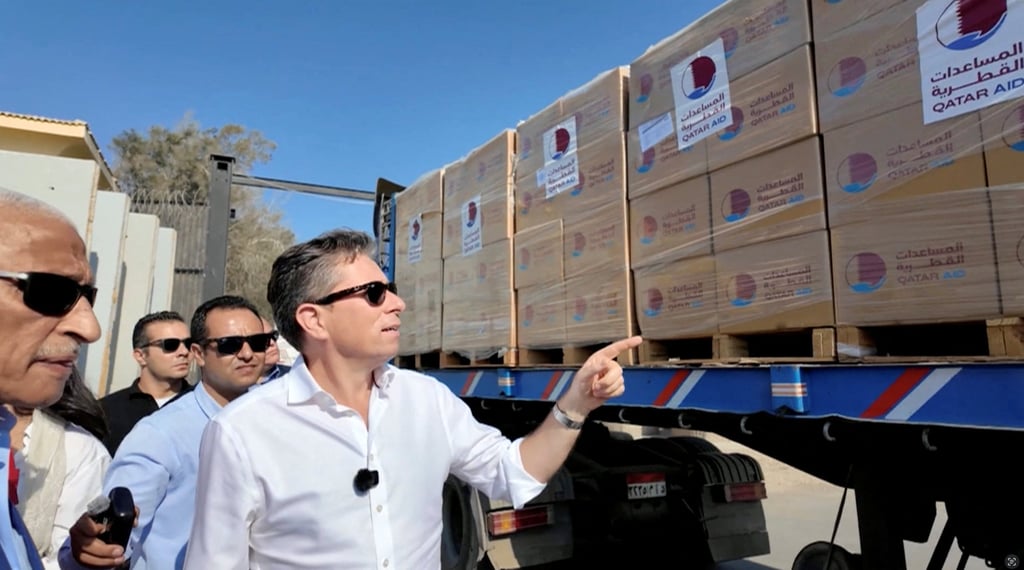 United Nations’ aid chief Tom Fletcher points at a truck loaded with humanitarian aid as it is on its way to Gaza at Rafah Crossing at the Egypt-Gaza border, in Rafah, Egypt, on Thursday. Photo: OCHA/Handout via Reuters United Nations’ aid chief Tom Fletcher points at a truck loaded with humanitarian aid as it is on its way to Gaza at Rafah Crossing at the Egypt-Gaza border, in Rafah, Egypt, on Thursday. Photo: OCHA/Handout via Reuters