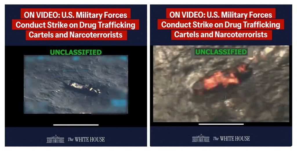 Screenshots of footage posted in September depict what US President Donald Trump said was a US strike on a Venezuelan drug cartel vessel. Images: White House via Reuters Screenshots of footage posted in September depict what US President Donald Trump said was a US strike on a Venezuelan drug cartel vessel. Images: White House via Reuters