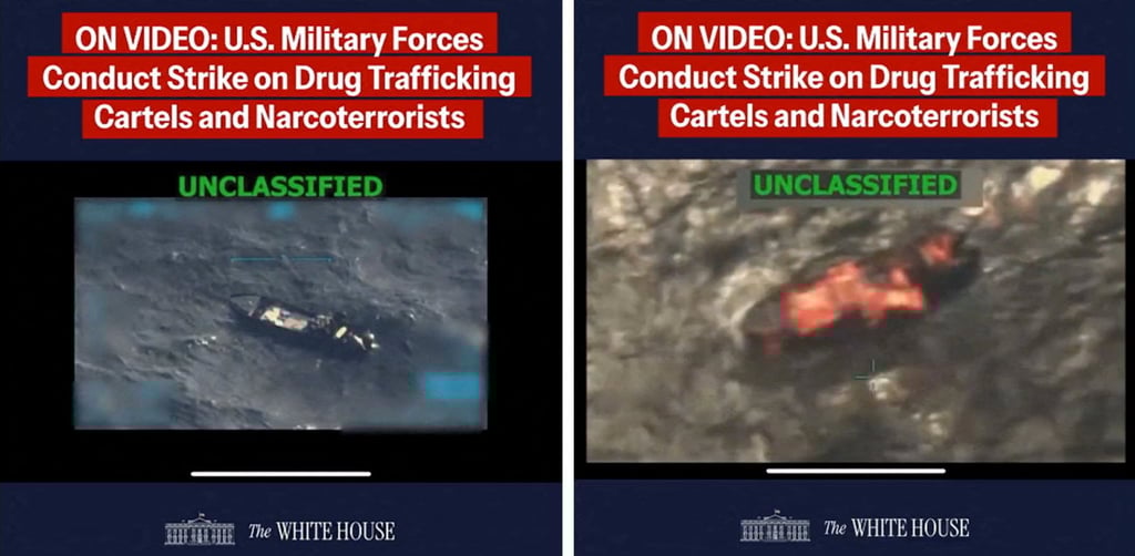 Screenshots of footage posted in September depict what US President Donald Trump said was a US strike on a Venezuelan drug cartel vessel. Images: White House via Reuters Screenshots of footage posted in September depict what US President Donald Trump said was a US strike on a Venezuelan drug cartel vessel. Images: White House via Reuters