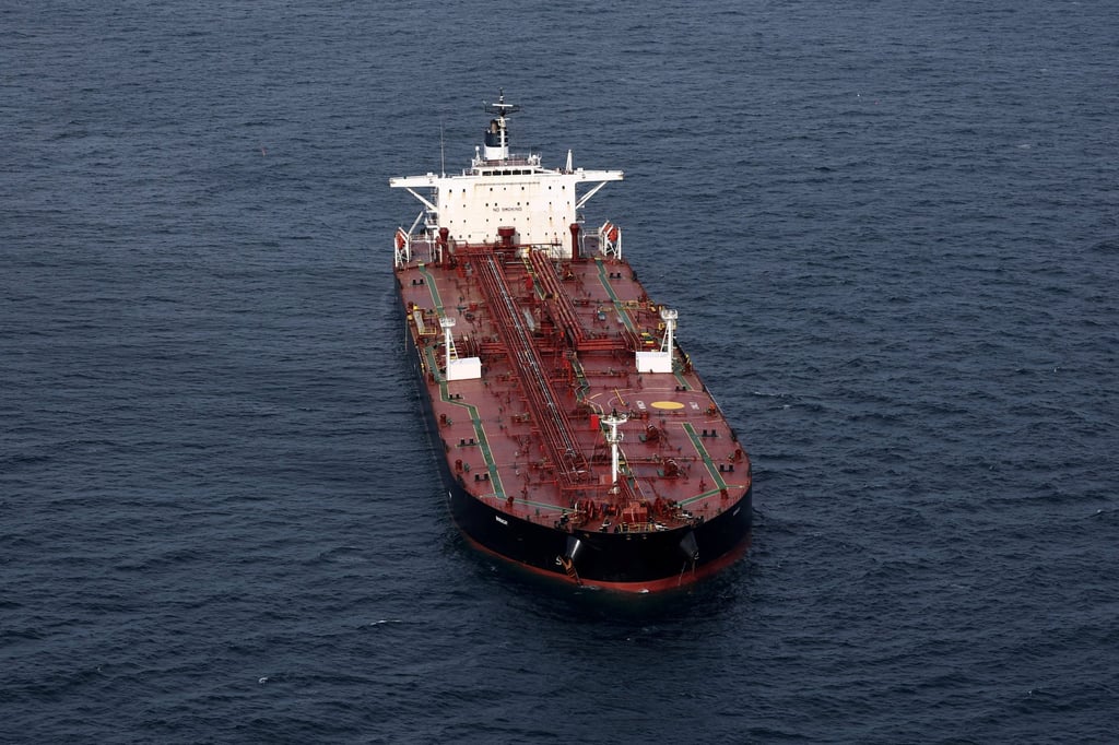 The oil tanker Boracay (also called Pushpa), a vessel being investigated by French authorities and suspected of belonging to the so-called ‘shadow fleet’ involved in the Russian oil trade, off the coast of the western France on October 2. Photo: Reuters The oil tanker Boracay (also called Pushpa), a vessel being investigated by French authorities and suspected of belonging to the so-called ‘shadow fleet’ involved in the Russian oil trade, off the coast of the western France on October 2. Photo: Reuters