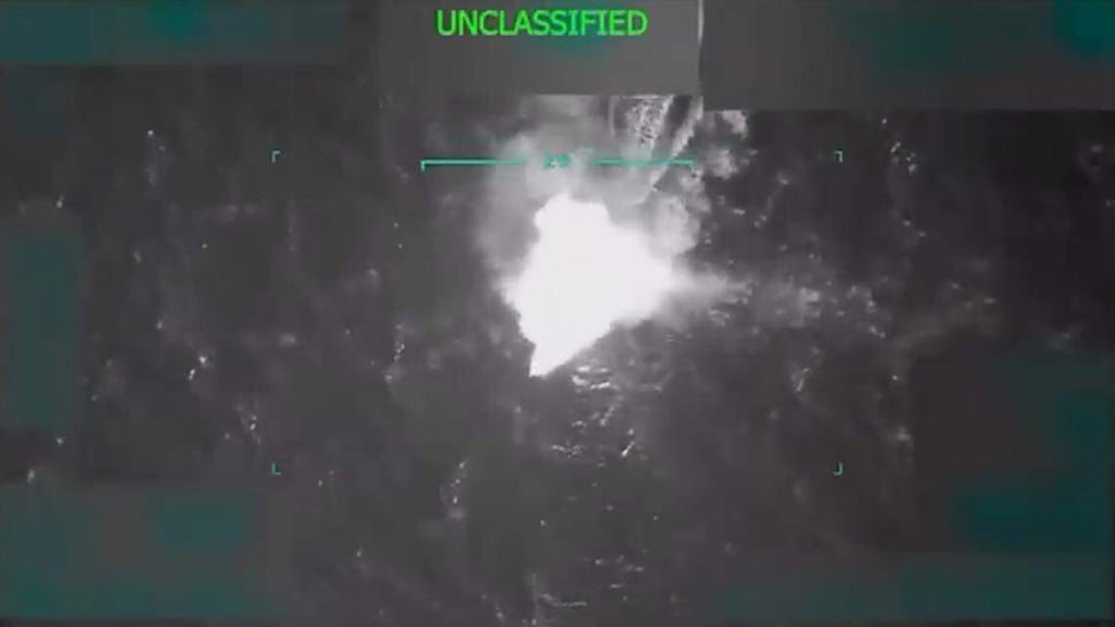 A video released by the US Department of Defence shows a precision strike destroying an alleged narcotics vessel in international waters on September 2. Photo: Department of Defence/TNS A video released by the US Department of Defence shows a precision strike destroying an alleged narcotics vessel in international waters on September 2. Photo: Department of Defence/TNS