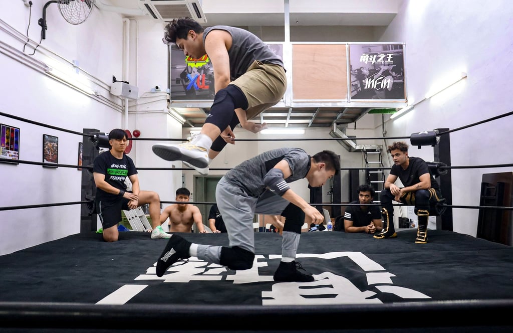 Wrestlers practise at an HKWF Academy of Pro Wrestling training session. Photo: Jonathan Wong Wrestlers practise at an HKWF Academy of Pro Wrestling training session. Photo: Jonathan Wong