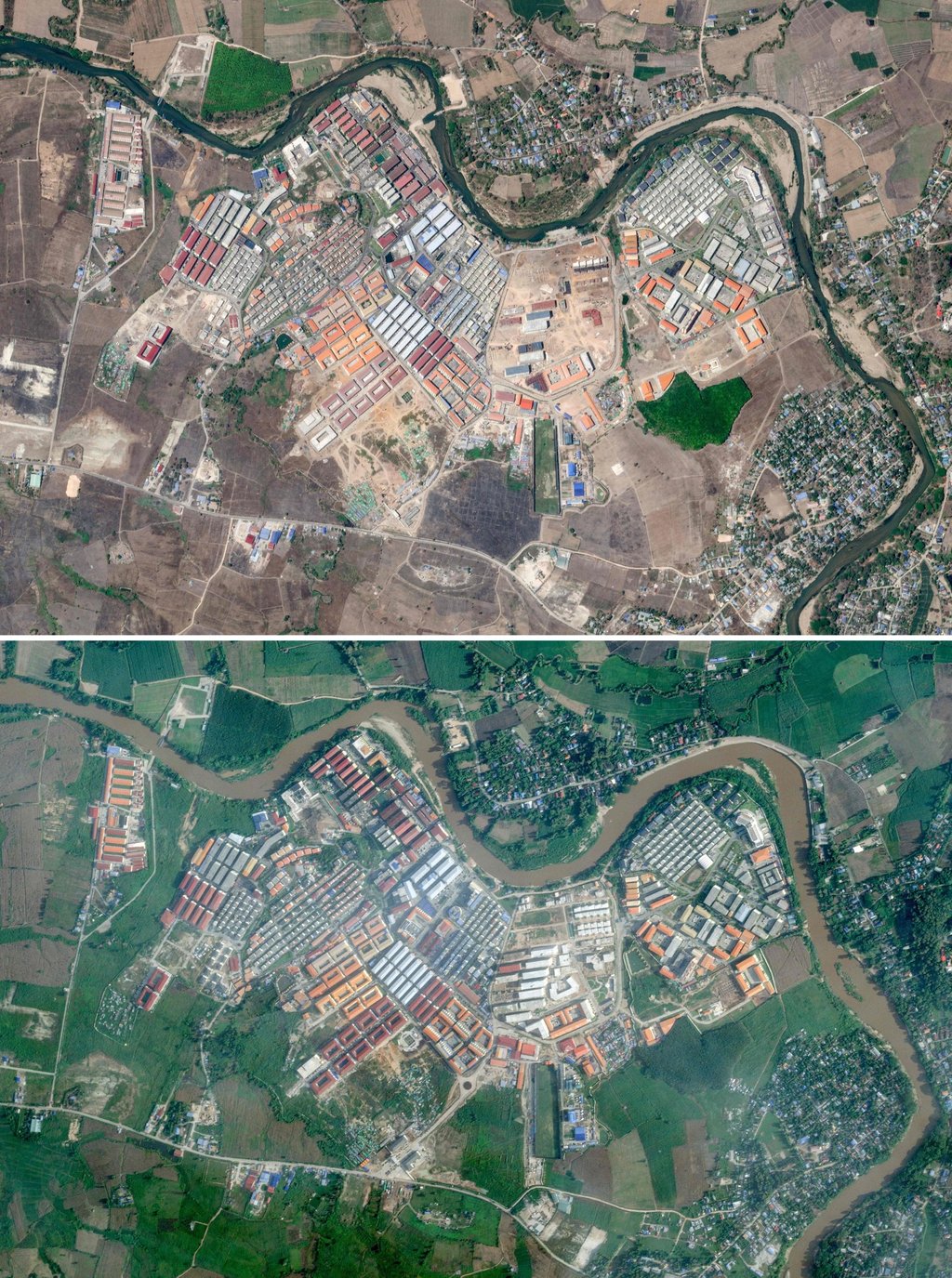 A combination photo of satellite imagery shows the KK Park complex on March 2 (top) and on September 18 (bottom). Photo: 2025 Planet Labs PBC / AFP