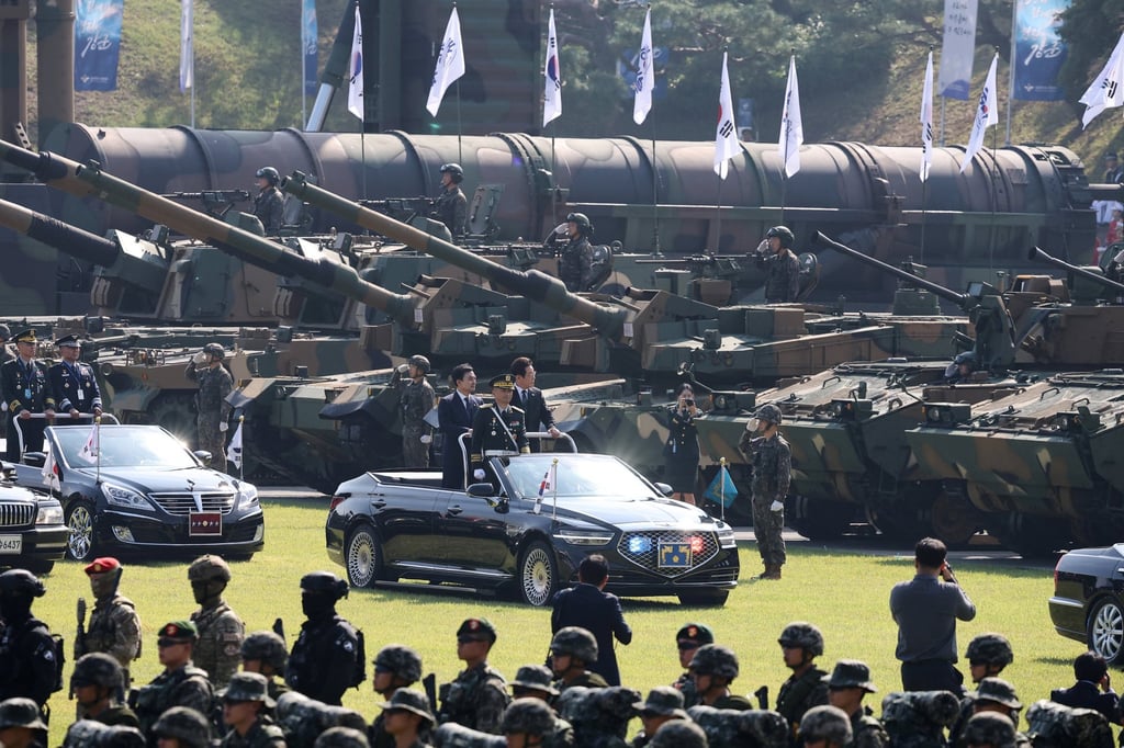 South Korean President Lee Jae-myung (centre, right) and his defence minister inspect military assets during a celebration to mark the country’s 77th Armed Forces Day earlier this month. Photo: Reuters South Korean President Lee Jae-myung (centre, right) and his defence minister inspect military assets during a celebration to mark the country’s 77th Armed Forces Day earlier this month. Photo: Reuters