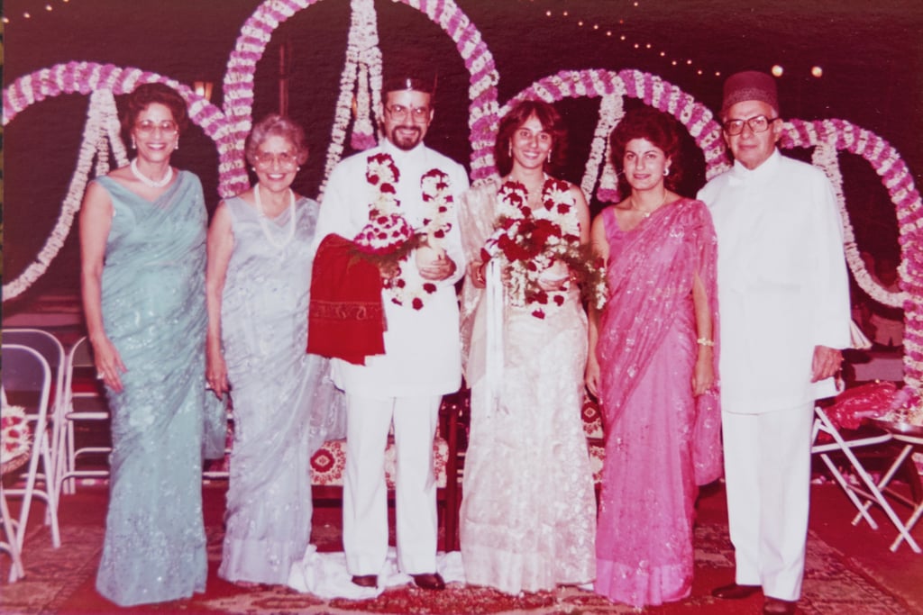 Jimmy and Niloufer’s wedding photo, taken in December 1982, in Mumbai. From left: mother Ruby, maternal grandmother Tehmi, Jimmy, Niloufer, his sister Tehmi and father Minoo. Photo: courtesy Jimmy Minoo Master