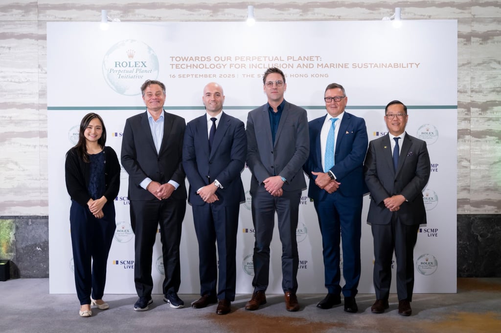 Participants in the Rolex “Towards Our Perpetual Planet” conference included (from left) Dr Apple Chui, founder of Coral Academy, Professor Mark Kendall, founder, CEO and executive director of WearOptimo, Maxim Lamarre, CEO of Rolex Greater China, Felix Brooks-church, co-founder and CEO of Sanku, Professor Carlos M Duarte, the Ibn Sina distinguished professor of marine science at King Abdullah University of Science and Technology, and Kevin Huang, chief operating officer of South China Morning Post.