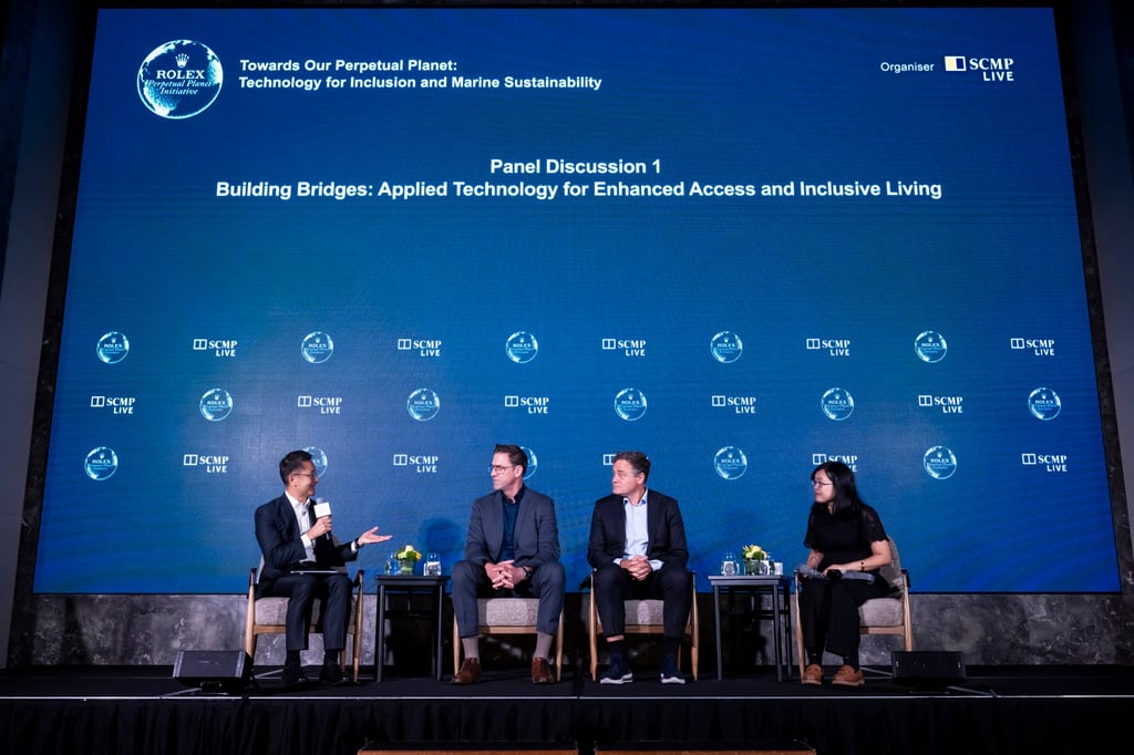 (From left) Professor Albert Ko, co-founder of Insight Robotics, discusses how innovation can enhance inclusivity, alongside Rolex Laureates Felix Brooks-church and Professor Mark Kendall, and Dr Florence Chan, co-founder and CEO of AI Guided, during the Rolex “Towards Our Perpetual Planet” conference.