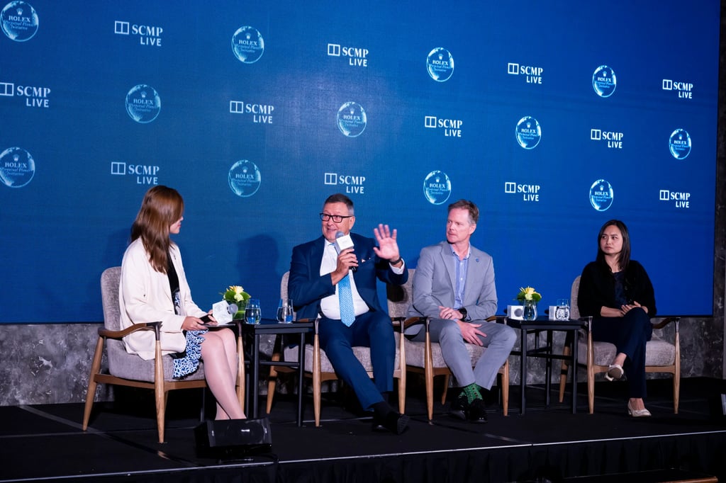 (From left) Panellists Natalie Chung, a PhD researcher in climate policy at Princeton University, Professor Carlos M Duarte, the Ibn Sina distinguished professor of marine science at King Abdullah University of Science and Technology, Professor Bayden Russell, associate director at the University of Hong Kong’s School of Biological Sciences, and Dr Apple Chui discuss how technologies can help safeguard the well-being of our oceans and marine life during the Rolex Perpetual Planet Initiative conference.