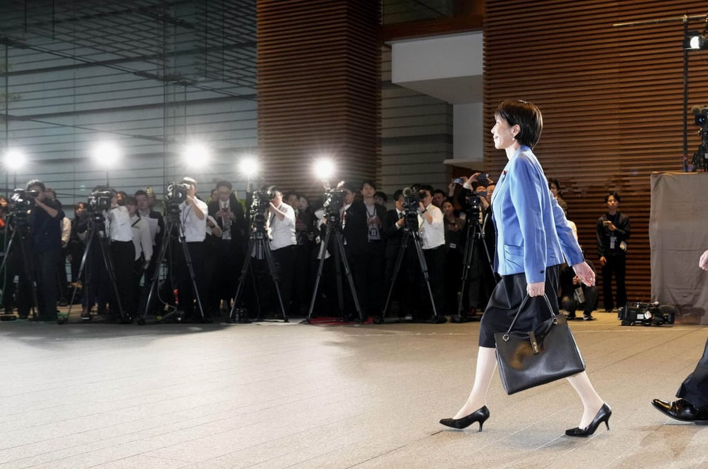 New Japanese Prime Minister Sanae Takaichi arrives at the premier’s office in Tokyo after being elected as the nation’s first female prime minister on Tuesday. Photo: Kyodo New Japanese Prime Minister Sanae Takaichi arrives at the premier’s office in Tokyo after being elected as the nation’s first female prime minister on Tuesday. Photo: Kyodo