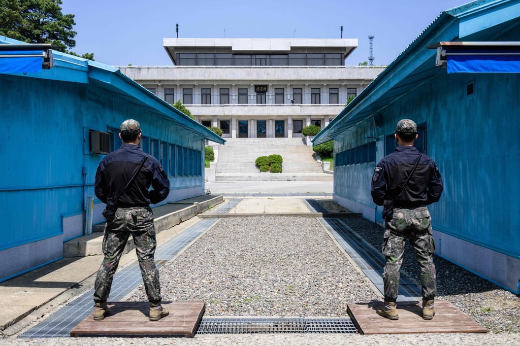 South Korean soldiers stand guard in the truce village of Panmunjom, in the demilitarised zone separating the two Koreas, in 2023. Photo: AFP South Korean soldiers stand guard in the truce village of Panmunjom, in the demilitarised zone separating the two Koreas, in 2023. Photo: AFP