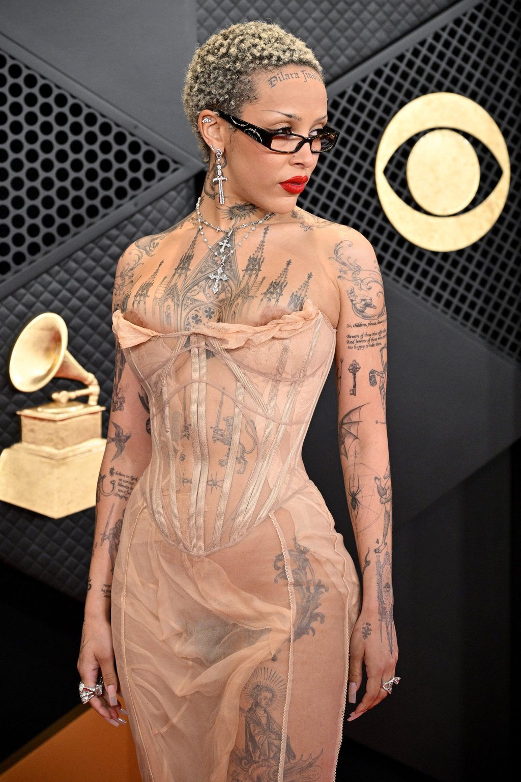 Doja Cat’s daring Dilara Fındıkoğlu sheer gown, at the 2024 Grammy Awards in Los Angeles, California. Photo: Getty Images Doja Cat’s daring Dilara Fındıkoğlu sheer gown, at the 2024 Grammy Awards in Los Angeles, California. Photo: Getty Images
