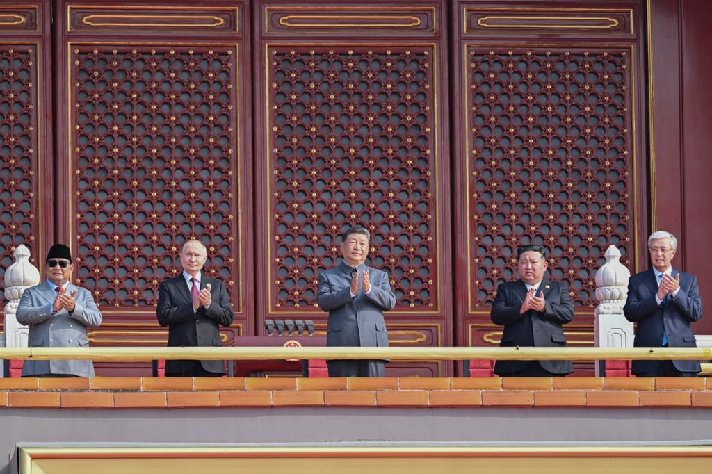 (From left) Indonesian President Prabowo Subianto, Russian President Vladimir Putin, Chinese President Xi Jinping, North Korean leader Kim Jong-un and Kazakhstan President Kassym-Jomart Tokayev attend the military parade marking the 80th anniversary of the end of the Sino-Japanese War in Beijing on September 3. Photo: EPA/Xinhua