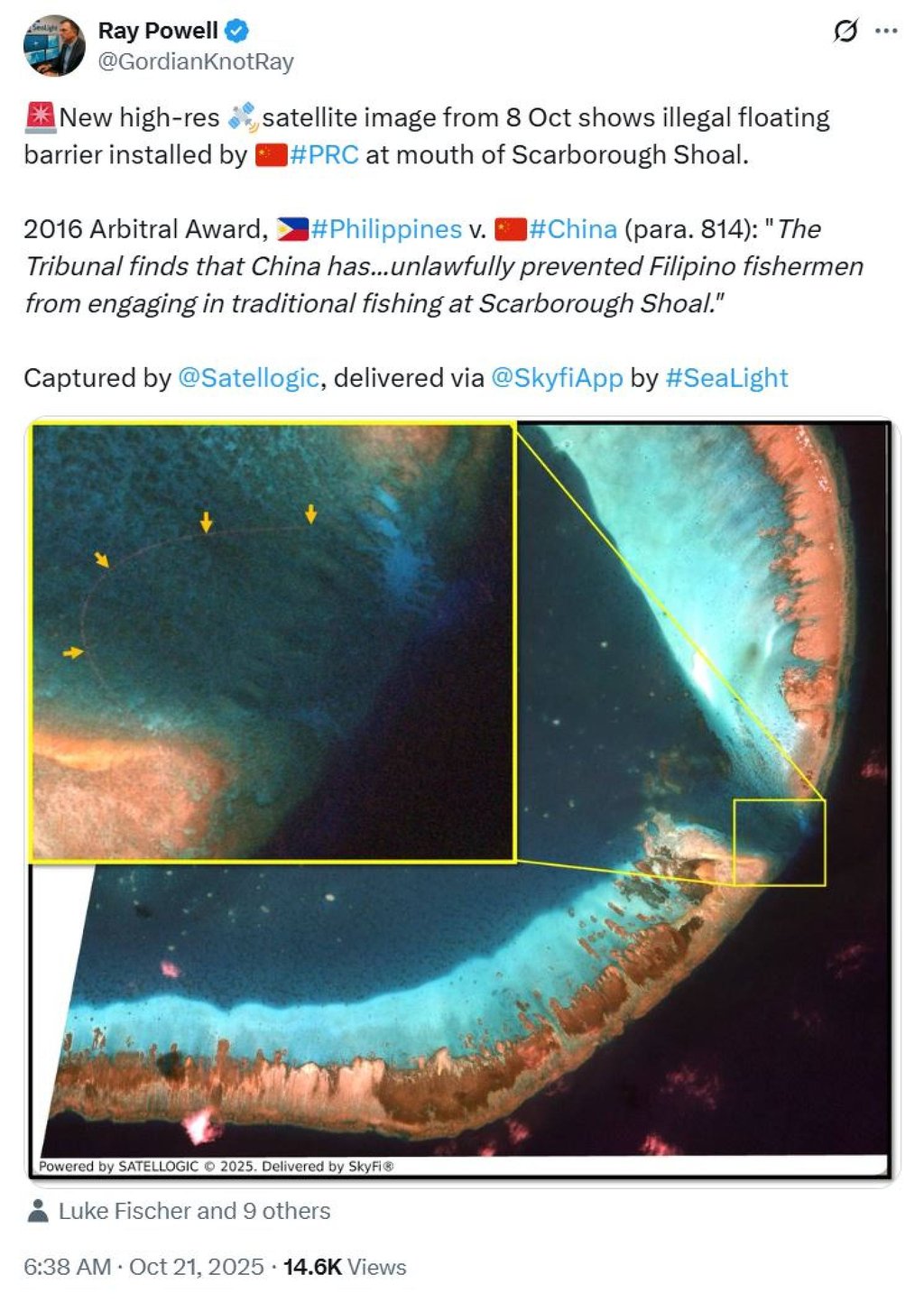 The image was shared in this social media post from Ray Powell, a maritime security expert and director of the SeaLight transparency project. SeaLight was responsible for analysing the high-resolution image. Image: Satellogic via SkyFi/GordianKnotRay on Twitter