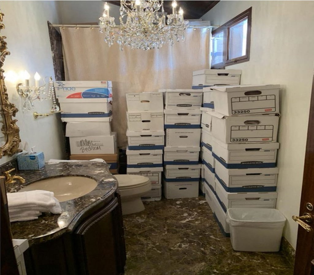 Stacks of boxes in a bathroom at Mar-a-Lago. Photo: US Department of Justice Stacks of boxes in a bathroom at Mar-a-Lago. Photo: US Department of Justice