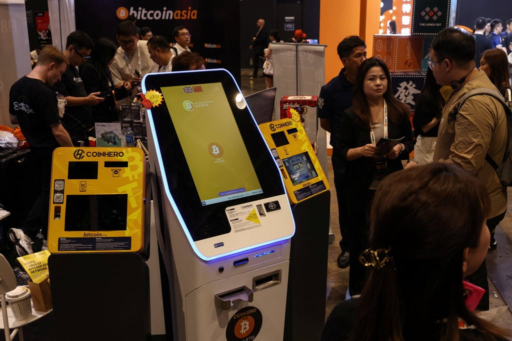 Cryptocurrency ATM machines are displayed at the Bitcoin Asia conference in Hong Kong in August this year. Photo: Reuters Cryptocurrency ATM machines are displayed at the Bitcoin Asia conference in Hong Kong in August this year. Photo: Reuters