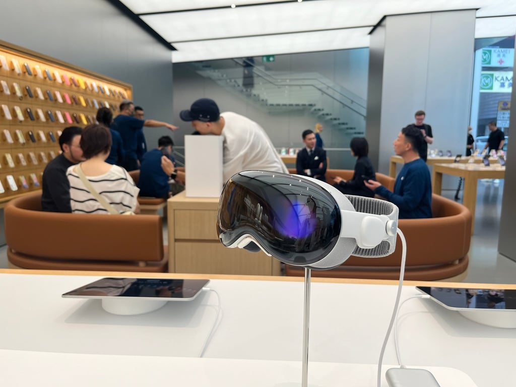 Apple’s mixed reality headsets on display in a Hong Kong Apple store, June 28, 2024. Photo: Xinmei Shen
