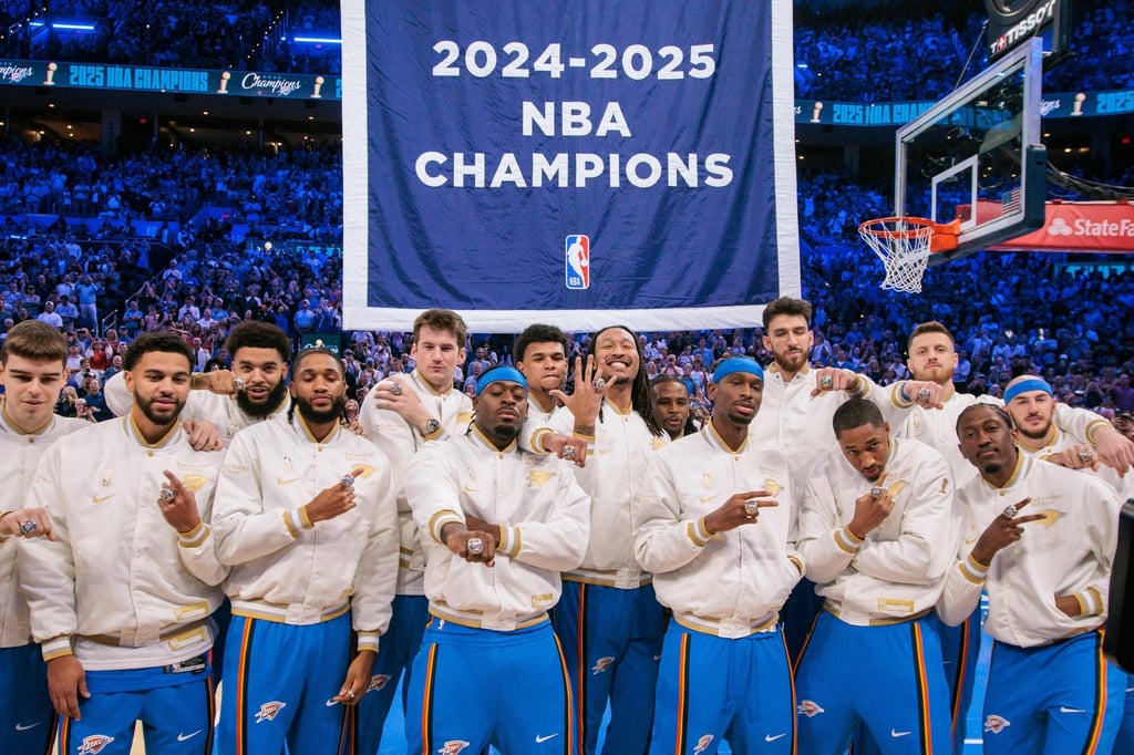 Oklahoma City Thunder players pose with their rings at Paycom Centre. Photo: Getty Images Oklahoma City Thunder players pose with their rings at Paycom Centre. Photo: Getty Images