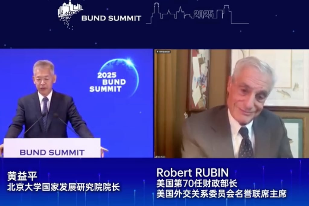 Former secretary of the US Treasury Robert Rubin appears by video at the Bund Summit in Shanghai on Thursday. Photo: Weibo Former secretary of the US Treasury Robert Rubin appears by video at the Bund Summit in Shanghai on Thursday. Photo: Weibo
