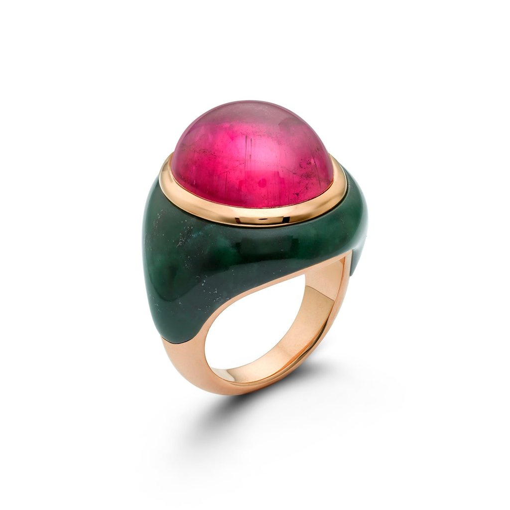 Lily Gabriella teams a domed rubellite with marble and rose gold. Photo: Handout