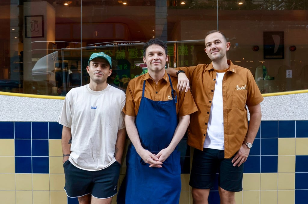 Twist Pasta Bar co-founder Matt Richardson (right), head chef Ben Sears (centre) and group operations manager and co-founder Bora Billoux stand outside the restaurant in Central. Photo: Jonathan Wong