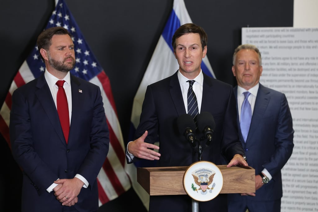 Jared Kushner speaks during a media briefing at the US-led Civil-Military Coordination Centre in Kiryat Gat, southern Israel, on Tuesday. Photo: EPA Jared Kushner speaks during a media briefing at the US-led Civil-Military Coordination Centre in Kiryat Gat, southern Israel, on Tuesday. Photo: EPA