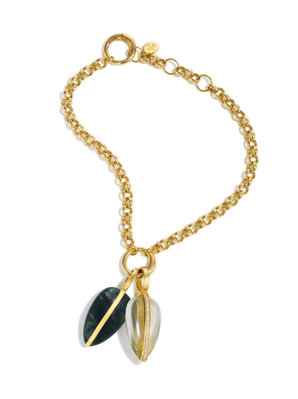 By Pariah’s the Collector bracelet with Moss Agate Pebble and Green Amethyst Diamond Pebble pendants. Photo: Handout