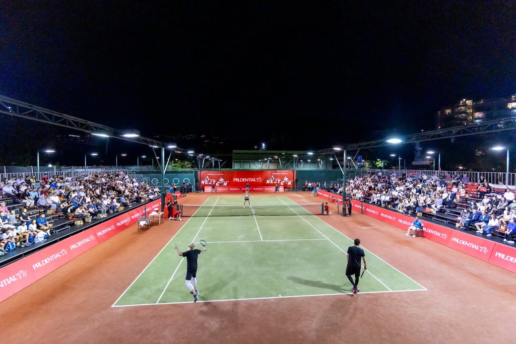 A doubles session with Andre Agassi and Anna Kalinskaya vs Aryna Sabalenka and Justin Gimelstob, at Prudential NextGen Aces 2025 on October 14. Photo: NextGen Aces 2025.