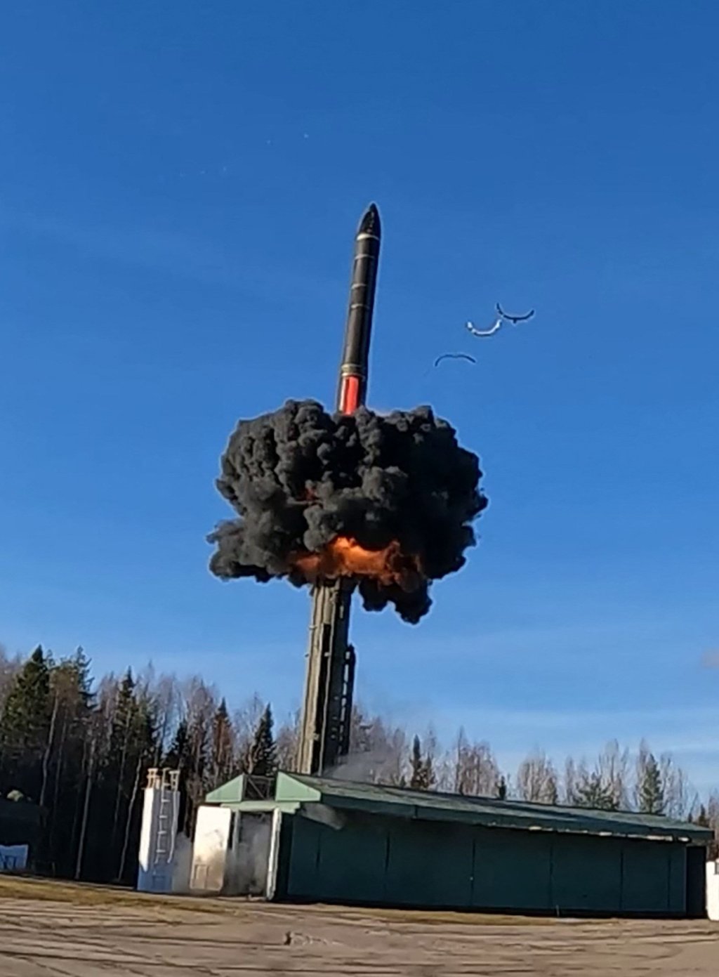 This grab from handout footage released by the Russian Defence Ministry press service on October 22 shows the launch of a Yars intercontinental ballistic missile at Plesetsk testing field in northern Russia during drills of the country’s nuclear forces. This grab from handout footage released by the Russian Defence Ministry press service on October 22 shows the launch of a Yars intercontinental ballistic missile at Plesetsk testing field in northern Russia during drills of the country’s nuclear forces.