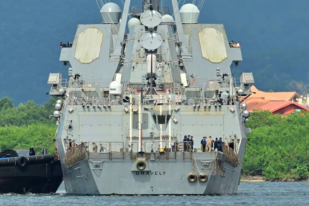 The USS Gravely arriving in Port of Spain on Sunday. Photo: AFP