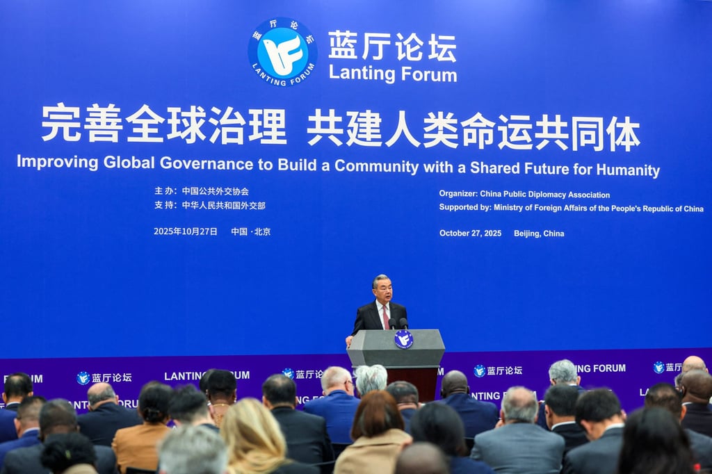 Foreign Minister Wang Yi delivers a speech at the Lanting Forum in Beijing on Monday. Photo: Reuters Foreign Minister Wang Yi delivers a speech at the Lanting Forum in Beijing on Monday. Photo: Reuters
