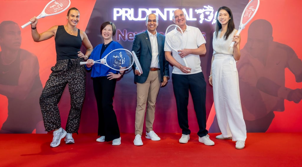 The Prudential NextGen Aces event featured (from left) Aryna Sabalenka, the current WTA world No 1 player, Angel Ng, regional CEO for Greater China at Prudential, Anil Wadhwani, CEO of Prudential, tennis legend Andre Agassi and Vivian Kong, Hong Kong’s Olympic champion fencer, in two discussion sessions.