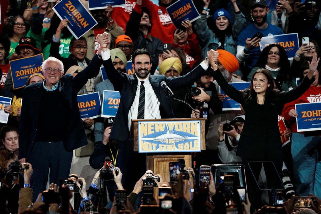 New York City mayoral candidate Zohran Mamdani, US Senator Bernie Sanders and US Congresswoman Alexandria Ocasio-Cortez at a rally on Sunday. Photo: Reuters New York City mayoral candidate Zohran Mamdani, US Senator Bernie Sanders and US Congresswoman Alexandria Ocasio-Cortez at a rally on Sunday. Photo: Reuters