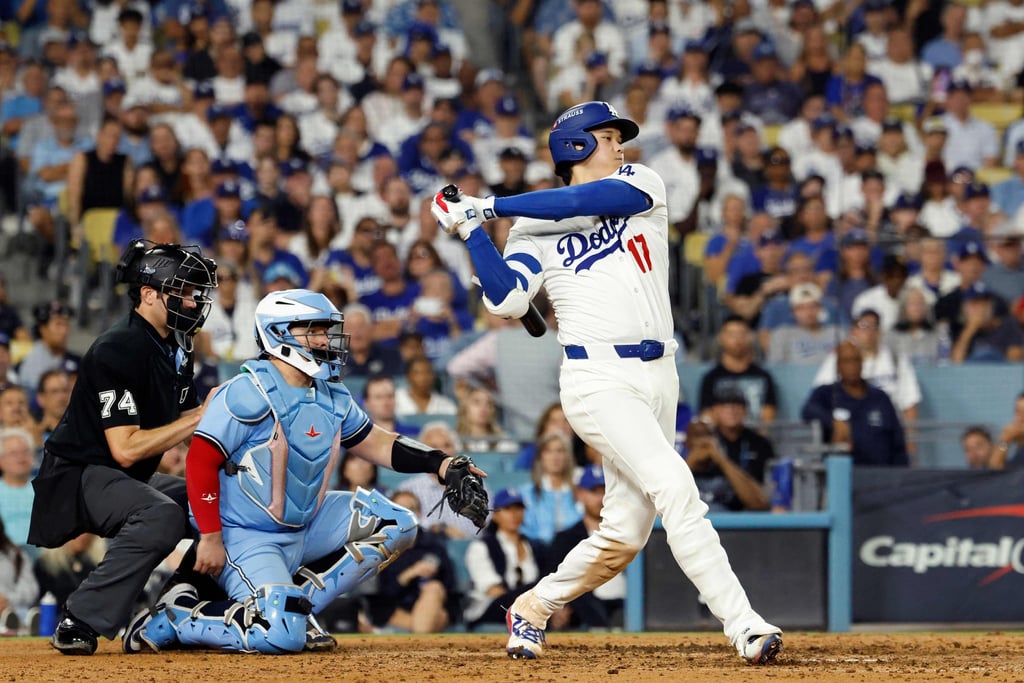 Shohei Ohtani of the Dodgers grounds out in the seventh inning of game four. Photo: Getty Images via AFP