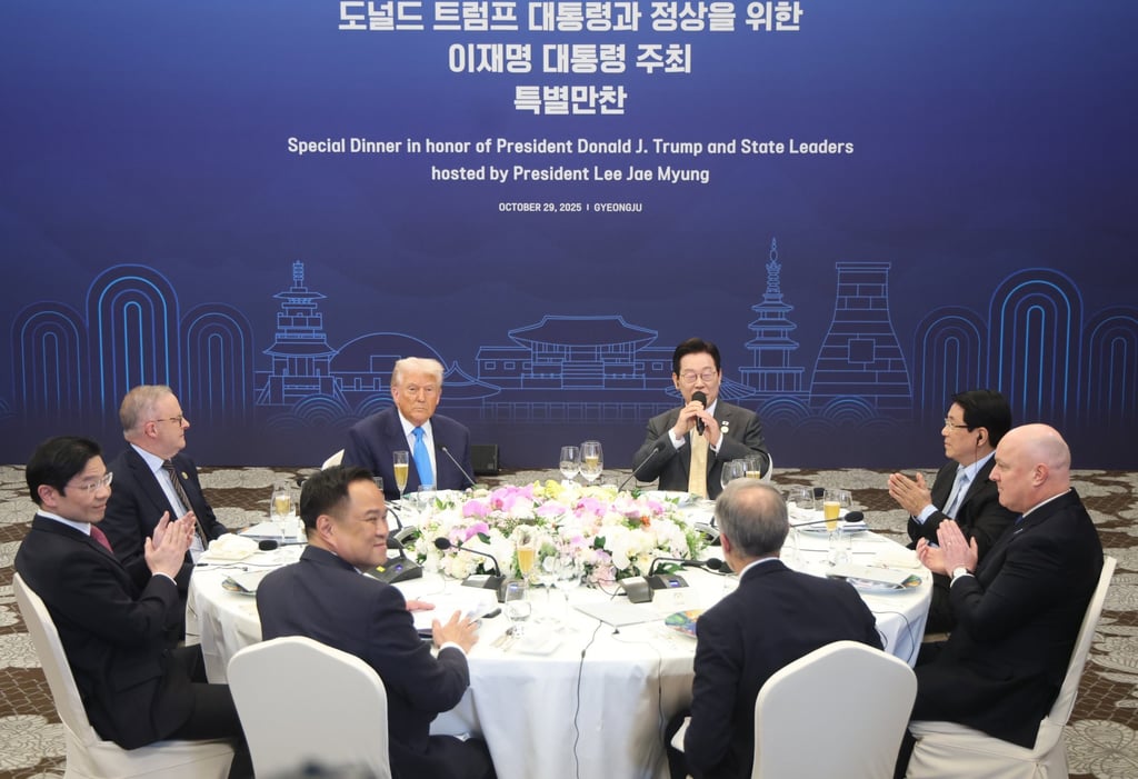 South Korean President Lee Jae-myung (centre right) gives a welcome address next to US President Donald Trump during a special dinner held for state leaders at the Hilton Hotel in the southeastern city of Gyeongju, South Korea, on Wednesday. Photo: EPA/Yonhap South Korean President Lee Jae-myung (centre right) gives a welcome address next to US President Donald Trump during a special dinner held for state leaders at the Hilton Hotel in the southeastern city of Gyeongju, South Korea, on Wednesday. Photo: EPA/Yonhap