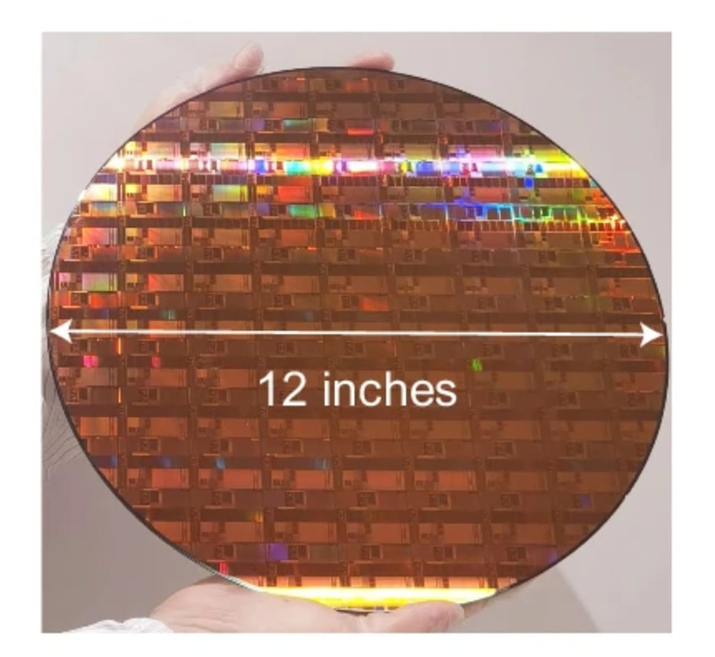 A 12-inch wafer after photoresist development. Photo: Peng Hailin A 12-inch wafer after photoresist development. Photo: Peng Hailin
