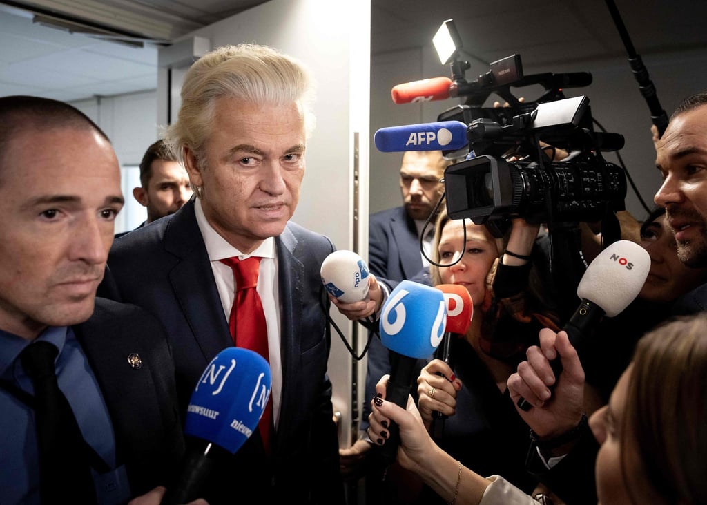 Leader of the PVV, Geert Wilders, speaks to journalists on Thursday. Photo: AFP