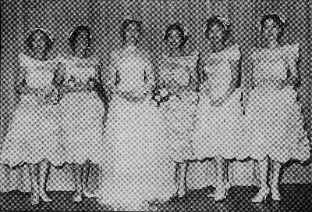 Hongkong Debutante Miss Gloria Baker (3rd left) as a bride, with her bevy of bridesmaids, in the bridal finale of the show. Photo: SCMP Archives