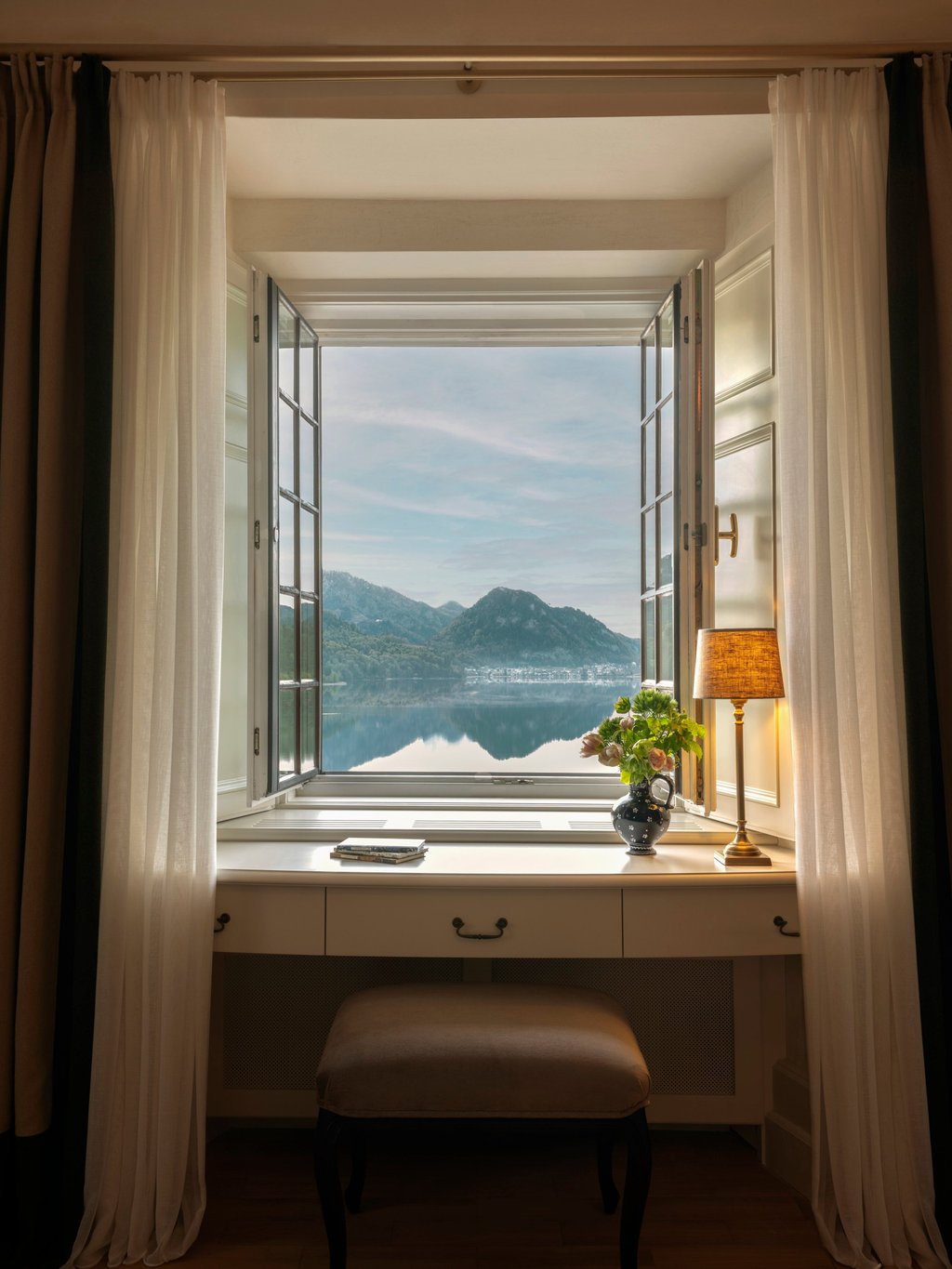 Beautiful lake views from the Heritage Room of Rosewood Schloss Fuschl. Photo: Handout