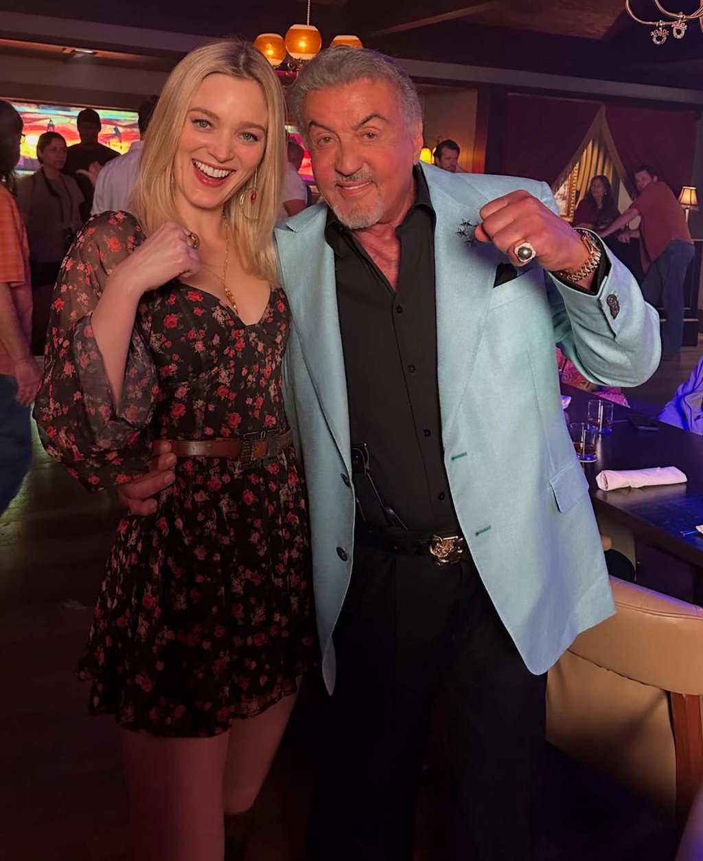 Bella Heathcote with Sylvester Stallone, her co-star in the Paramount+ mob drama Tulsa King. Photo: @bellaheathcote/Instagram