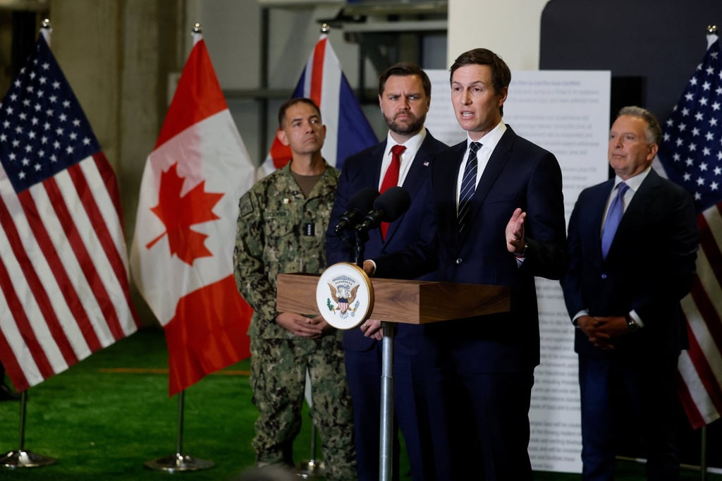 Jared Kushner speaks to members of the media next to US Vice-President J.D. Vance and US Special Envoy to the Middle East Steve Witkoff in Kiryat Gat, Israel, on October 21. Photo: Reuters