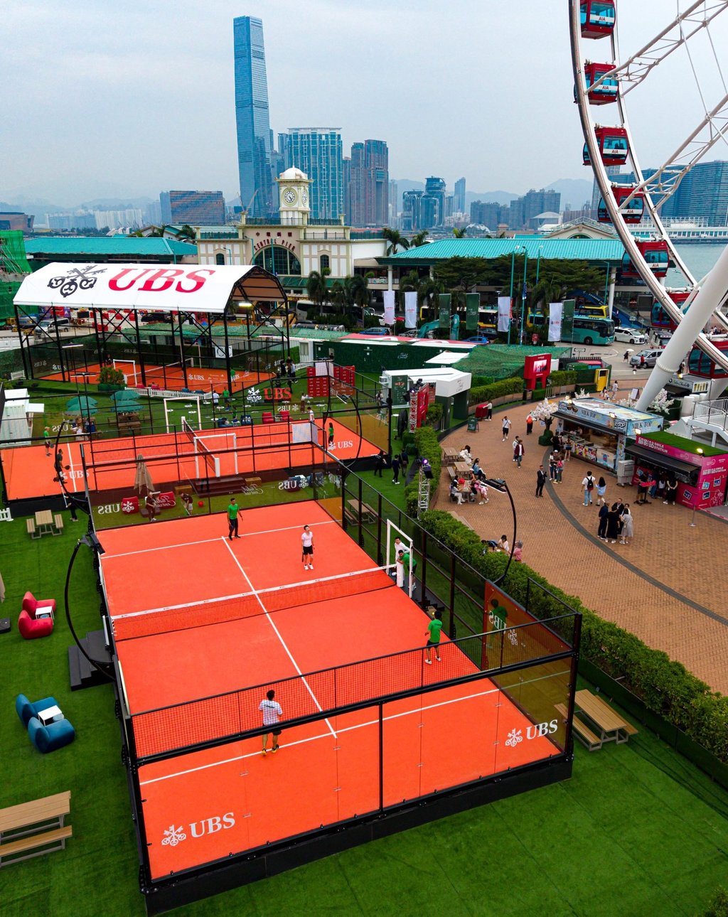 An aerial view of the three courts at Padel Central at Hong Kong’s Central Harbourfront.