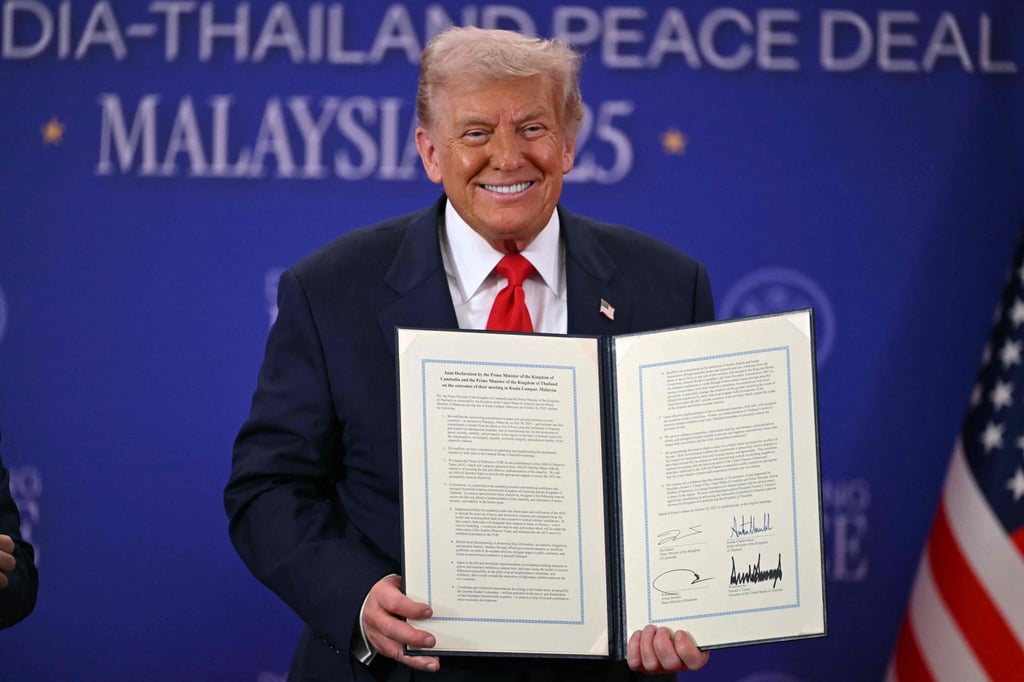 US President Donald Trump at the ceremonial ceasefire signing between Cambodia and Thailand on the sidelines of the Asean Summit in Kuala Lumpur last Sunday. Photo: AFP
