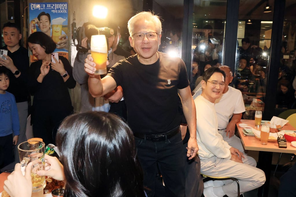 Nvidia’s Huang poses with a beer at a chicken restaurant in Seoul on Thursday. Photo: Yonhap/AFP Nvidia’s Huang poses with a beer at a chicken restaurant in Seoul on Thursday. Photo: Yonhap/AFP