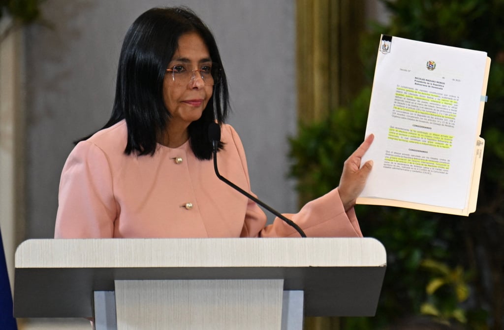 Venezuelan Vice-President Delcy Rodriguez addresses diplomatic representatives in Caracas, Venezuela, on September 29. She said Venezuelan President Nicolas Maduro is ready to declare a state of emergency over the threat of US “aggression”. Photo: AFP